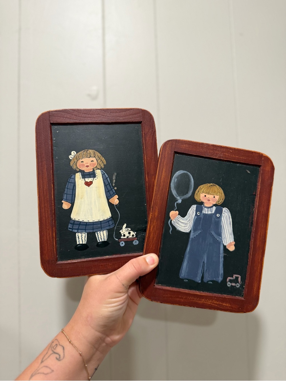 Hand-Painted Folk Art Wooden Plaques — Navy, Cream, Brown